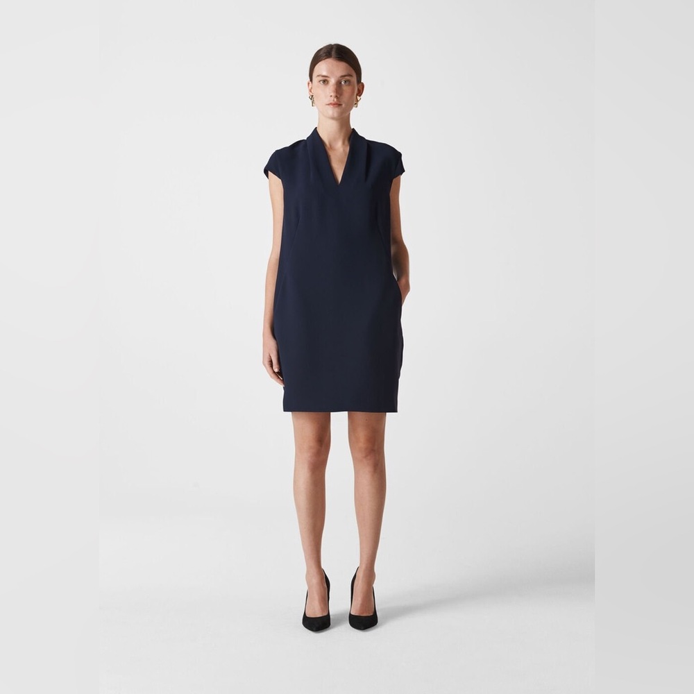 Whistles Paige V Neck Crepe Dress in Navy